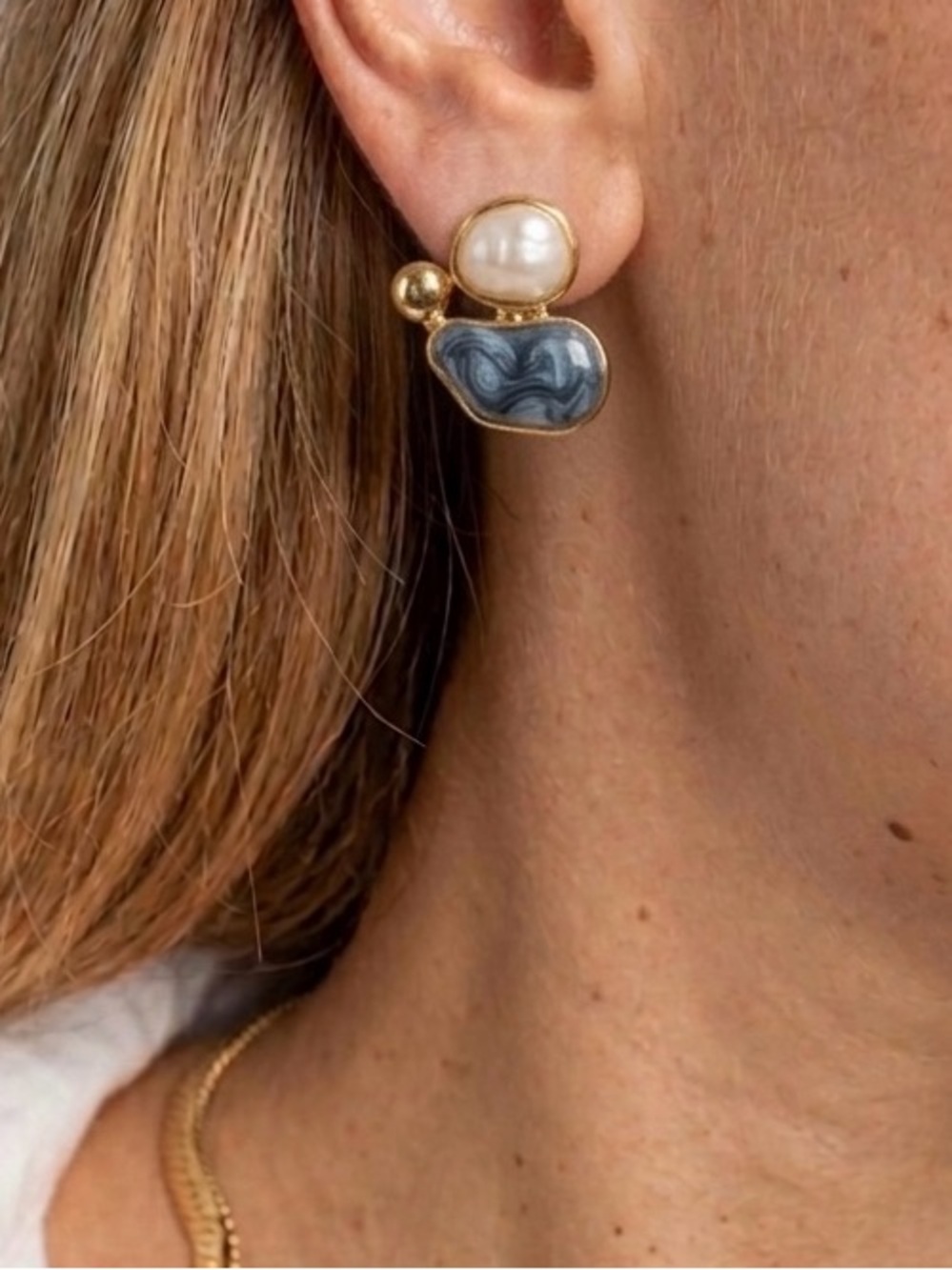 Limited Edition Gray Blue Pearl Enameled Earrings 14K Gold Plated